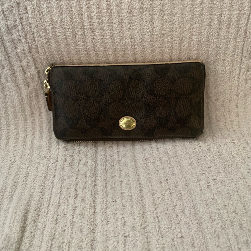 Coach Dark Brown Signature Wallet with Gold Accent